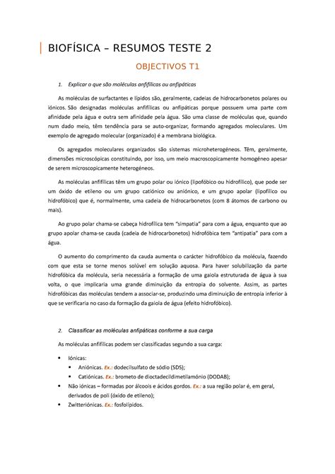 Resumos Bioquimica 2º BIOFÍSICA RESUMOS TESTE 2 OBJECTIVOS T 1