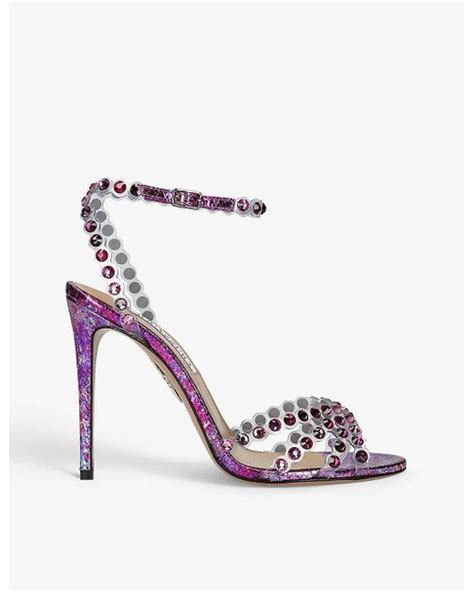 Aquazzura Tequila Crystal Embellished Leather Heeled Sandals In Pink Lyst