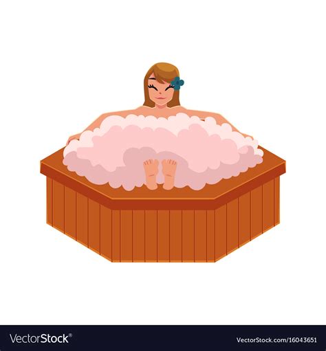 Woman Getting Foam Bath In Spa Relaxing In Round Vector Image