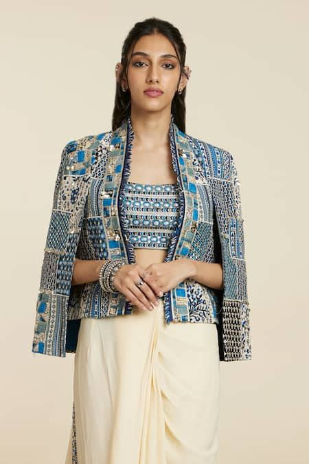 Buy Blue Woven Floral Embroidered Jacket For Women By Sva By Sonam