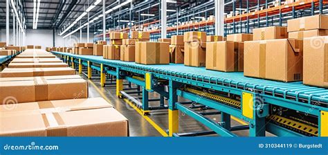 Cardboard Boxes On Conveyor Belts And Rows Of Boxes In A Distribution