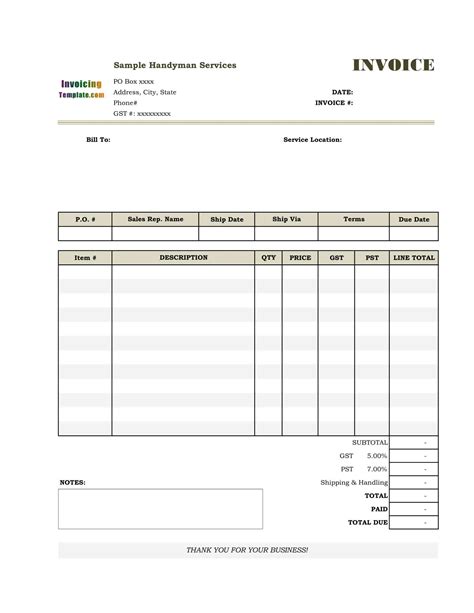 Free Printable Handyman Invoice Templates Excel Pdf