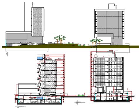 All Sided Elevation And Sectional Details Of Multi Flooring College