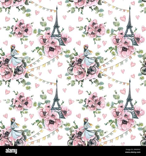 Eiffel Tower A Parisian Girl Pink Hearts Anemone Flowers And Festive