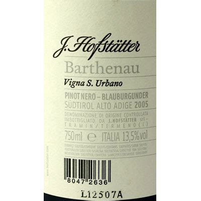 Vini Barthenau Vigna S Urbano Pinot Nero Hofstatter Joseph Alto Adige