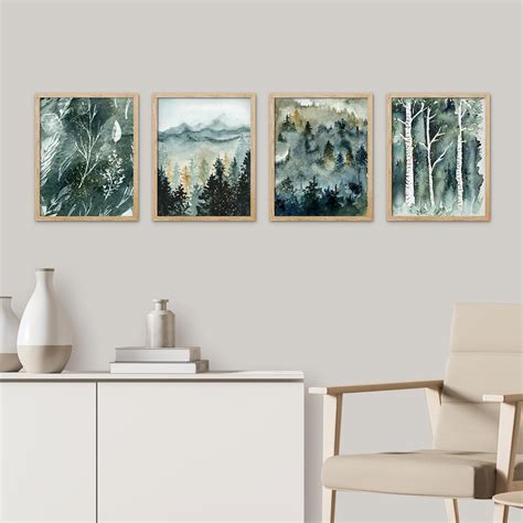 Pixonsign Framed Wall Art Pastel Pine Trees Snowy Mountain Prints Set