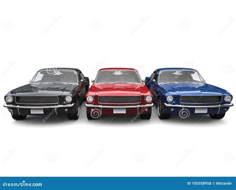 Beautiful Restored Vintage American Muscle Cars Blue Red And Black