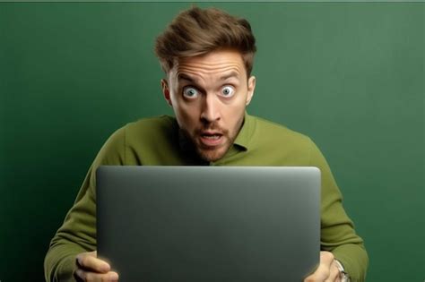 Premium Ai Image Surprised Man With Laptop On Green Background