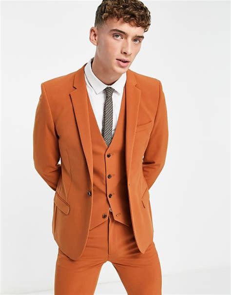 Asos Design Super Skinny Suit Jacket In Tobacco Asos