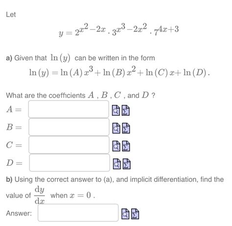 Solved Let Y2x2−2x⋅3x3−2x2⋅74x3 A Given That Lny Can Be