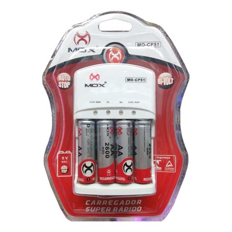 Carregador de Pilhas Baterias AA AAA e 9V Mox Bivolt Super Rápido