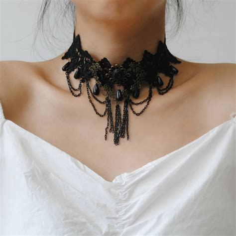 Gothic Chokers Black Stone Sexy Lace Neck Choker Necklace Vintage