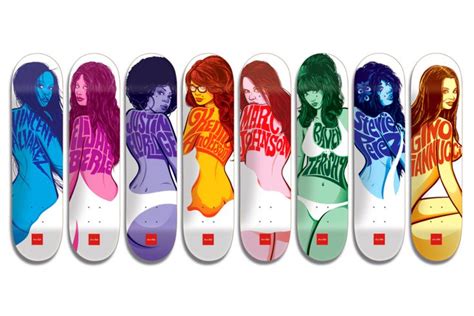 a row of skateboards with different colored women on them, all in the same design