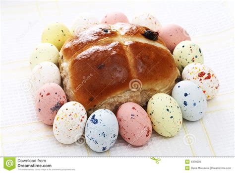 Hot Cross Bun Surrounded By Speckled Easter Eggs Stock Photo Image Of Bread Baked 4379206