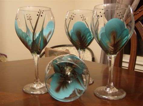 Wine glasses goblet Turquoise and brown Hand painted ガラスペイント ガラス工芸