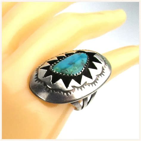 Navajo Sterling Silver Ring W Shadowbox Turquoise Stone Ruby Lane