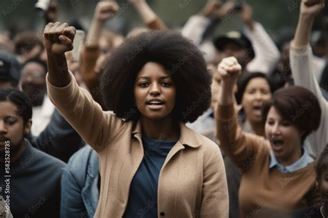 Black Woman Marching In Protest With A Group Of Protestors With Their