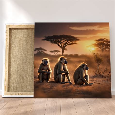 3 Baboons Sitting Grassland With Trees Warm Orange Sky Wall Art