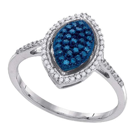 10k White Gold Womens Round Blue Color Enhanced Diamond Oval Cluster Ring