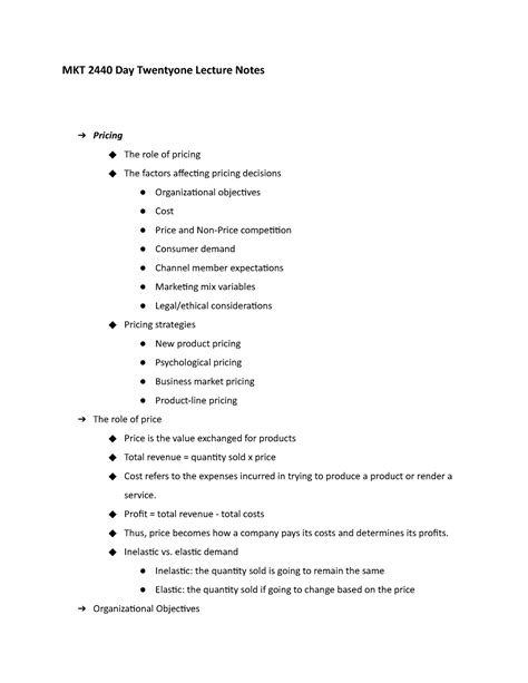 Mkt Day Twentyone Lecture Notes Profit Total Revenue Total