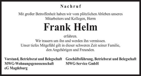 Traueranzeigen Von Frank Helm Abschied Nehmen De