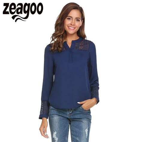 Zeagoo 2018 Summer Blouse Women Casual V Neck Long Sleeve Lace