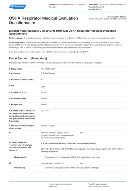 Osha Respirator Medical Evaluation Questionnaire Form