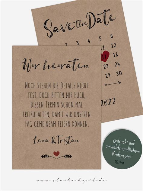 Save The Date Karten Kraftpapier Kalender Herz