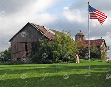 Old Red Barn With Flag Stock Image Image Of Clouds Shadows 4452943