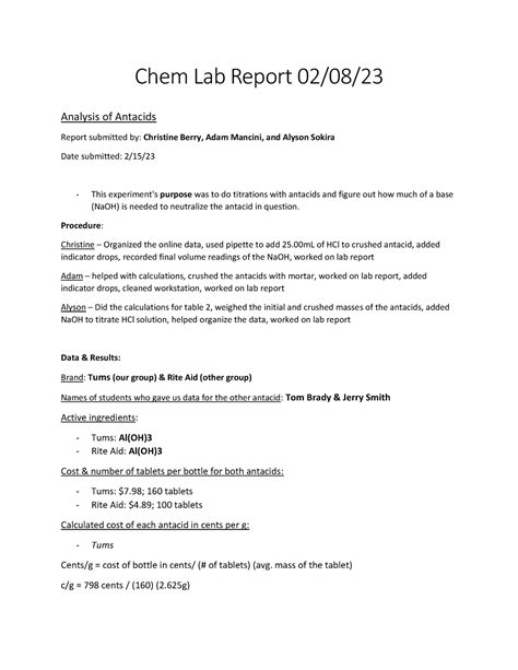 Analysis Of Antacids Lab Report 02 08 23 Chem Lab Report 02 08