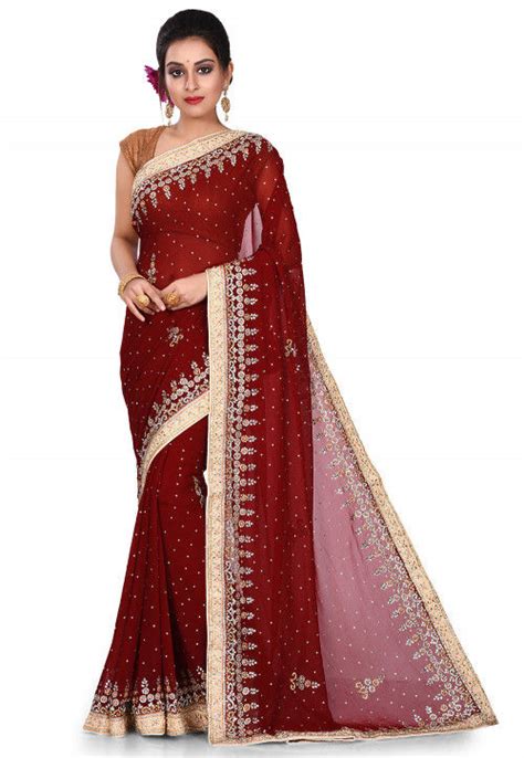 Buy Hand Embroidered Viscose Georgette Saree In Maroon Online SEH2299