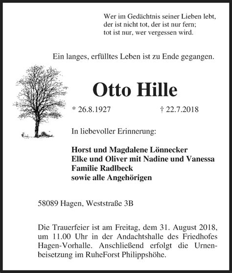 Traueranzeigen Von Otto Hille Trauer In Nrw De