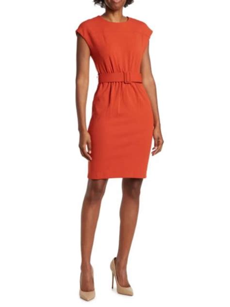 Calvin Klein Womens Orange Belted Zippered Gathered Cap Sleeve Round