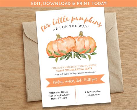 Twin Gender Reveal Party Invite Pumpkin Fall Gender Reveal Announcement