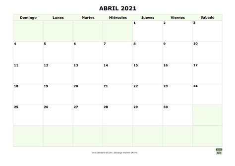 Plantilla Calendario 【abril 2021】 Para Imprimir Pdf