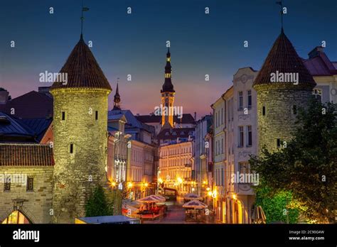 Europe, Baltic States, Estonia, Tallinn, Old town architecture at night ...