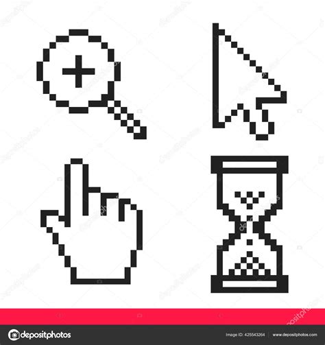 Black And White Arrow Hand Magnifierand Hourglass Pixel Mouse Cursor