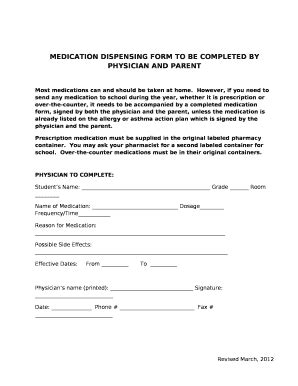 Medication Dispensing To Be Completed By Physician And Parent Doc