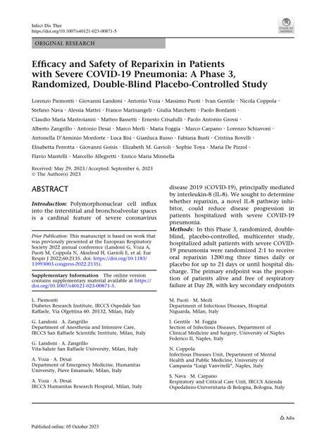 Pdf Efficacy And Safety Of Reparixin In Patients With Severe Covid 19