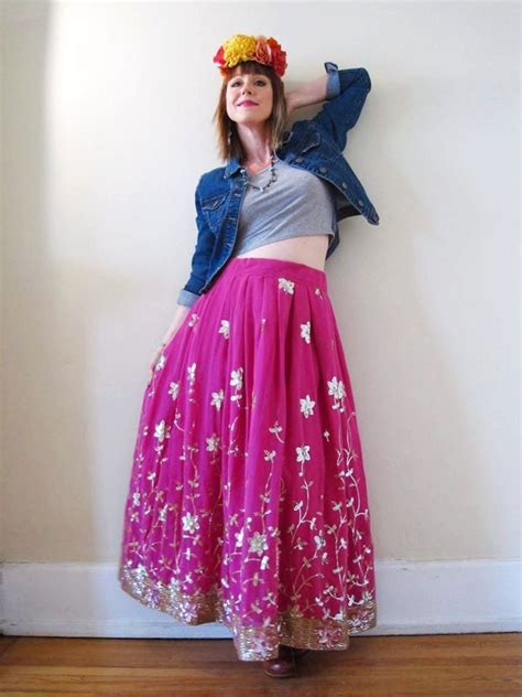 Vintage Fuschia Pink Embroidered Indian Maxi Midi Skirt Etsy