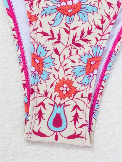 Women S Summer Beach Floral Print Tie Side Thong Bikini Set SHEIN UK