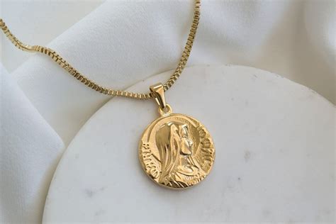 Gold Coin Necklace Virgin Mary Necklace Gold Medallion Etsy