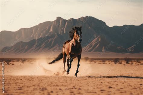 Caballo corriendo por el desierto con montañas al fondo levantando