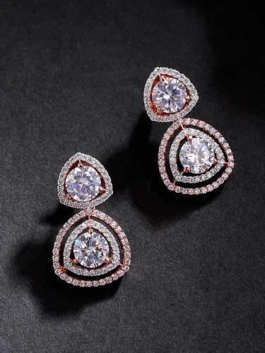 Women Rose Gold Plated American Diamond Studded Drop Earrings At Rs