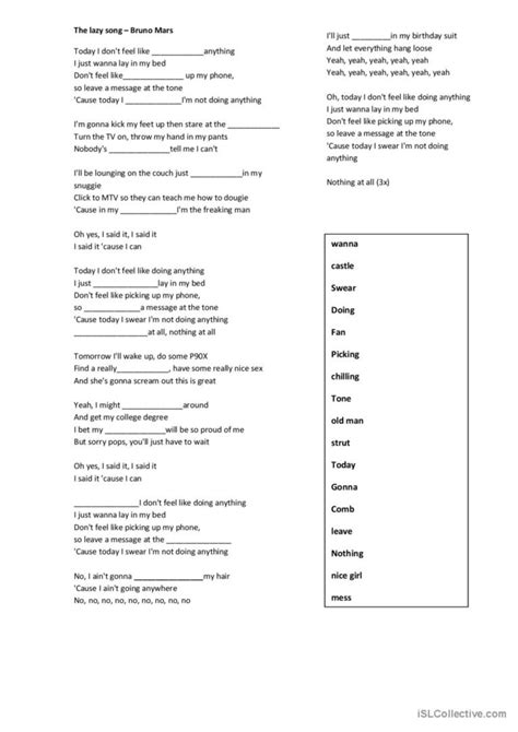 the lazy song by Bruno Mars song and…: English ESL worksheets pdf & doc