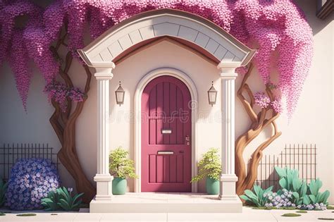 Puerta De Entrada Con Flores De Glicinia Florecientes Ai Generativo