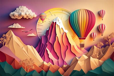 Premium AI Image Mountains And Hot Air Balloons In The Sky With A Sun Generative Ai