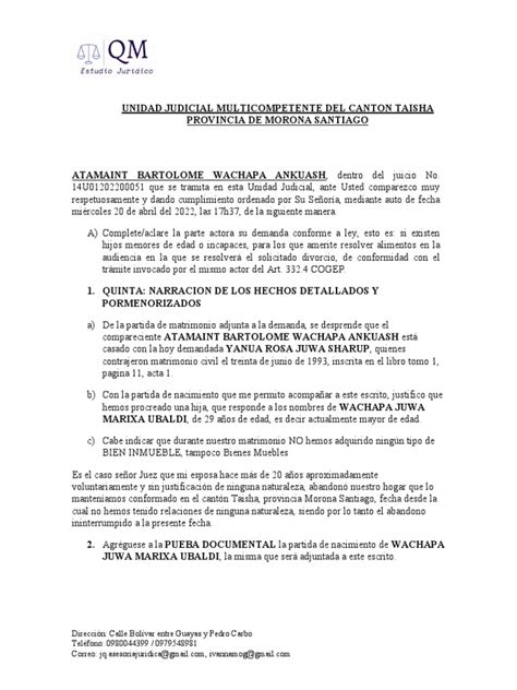 Solicitud De Divorcio Y Aclaración De Detalles Sobre Hijos Mayores De