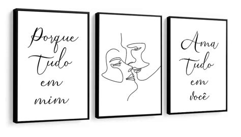 Kit 3 Quadros Decorativos Quarto De Casal Frases Com Moldura