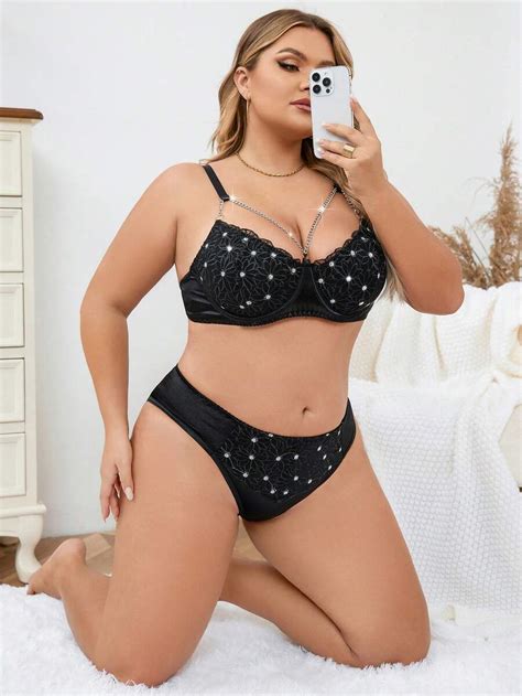 Plus Size Rhinestone Studded Chain Lingerie Set Bra Panty Set Shein Usa